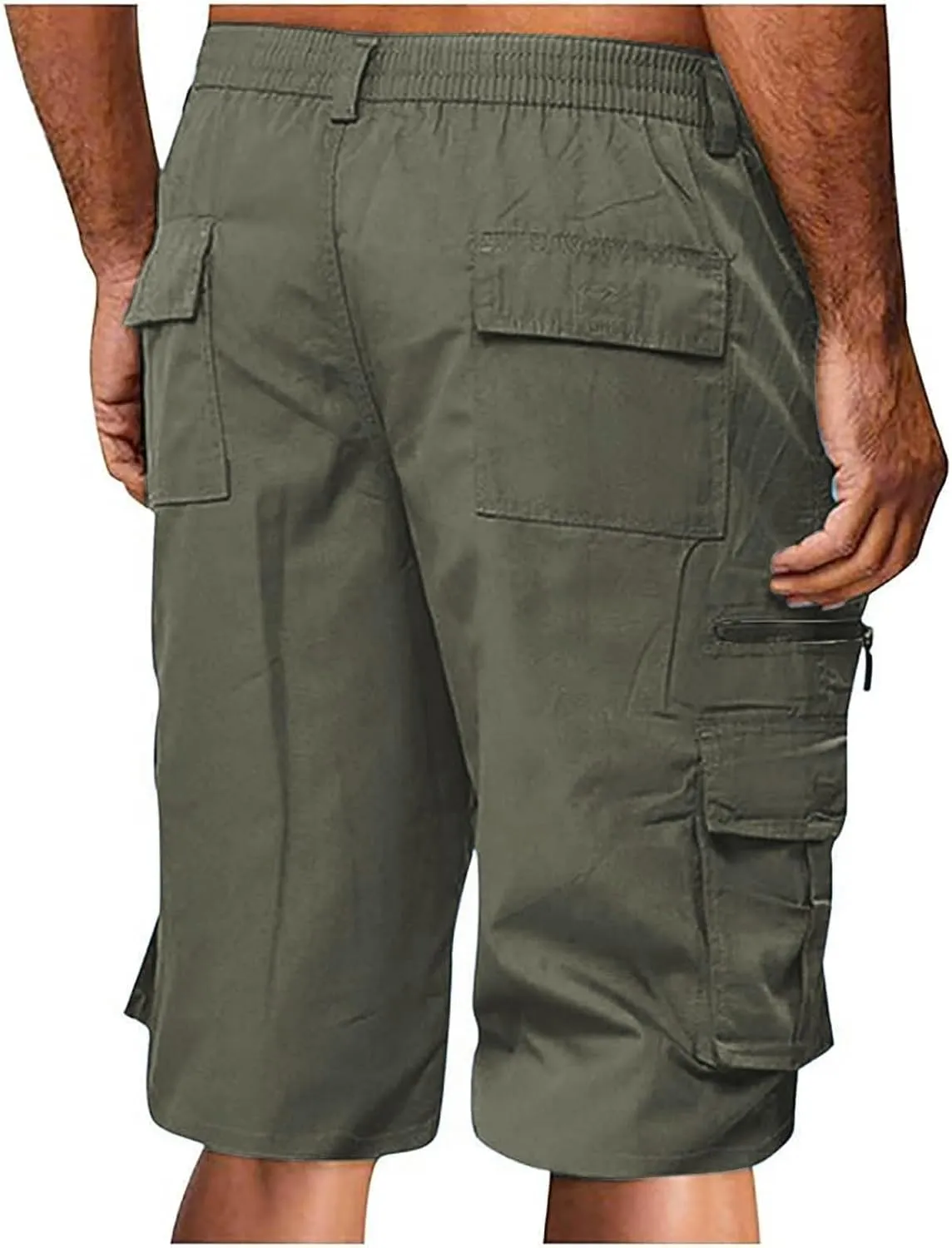 Cargo Shorts for Men Casual Fashion Solid Color Short with Multi-Pocket Button Zipper Elastic Waist Hiking Pants