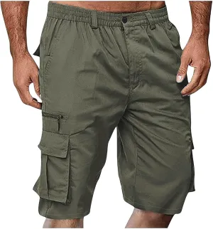 Cargo Shorts for Men Casual Fashion Solid Color Short with Multi-Pocket Button Zipper Elastic Waist Hiking Pants