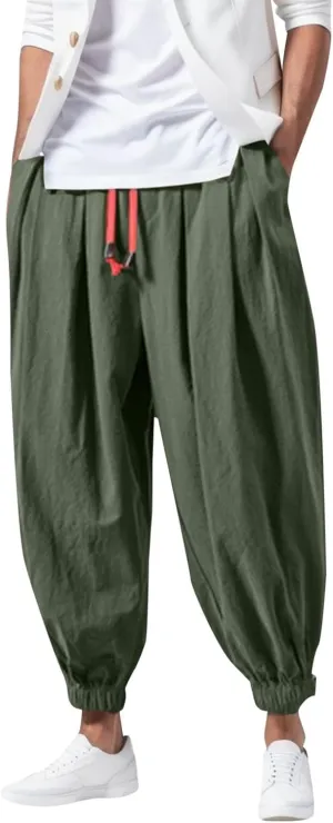 Casual Harem Pants Men Linen Baggy Hip Hop Tapered Pants Drawstring Elastic Waist Drop Crotch Plus Size Hippie Trouser