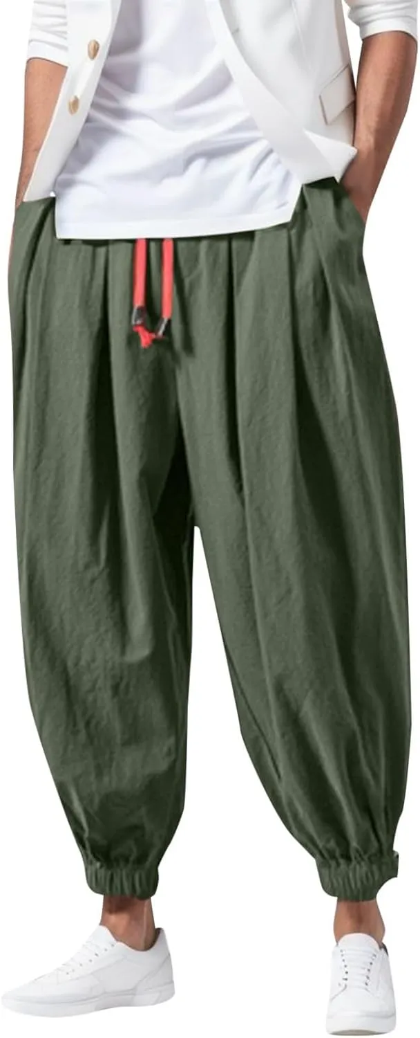 Casual Harem Pants Men Linen Baggy Hip Hop Tapered Pants Drawstring Elastic Waist Drop Crotch Plus Size Hippie Trouser