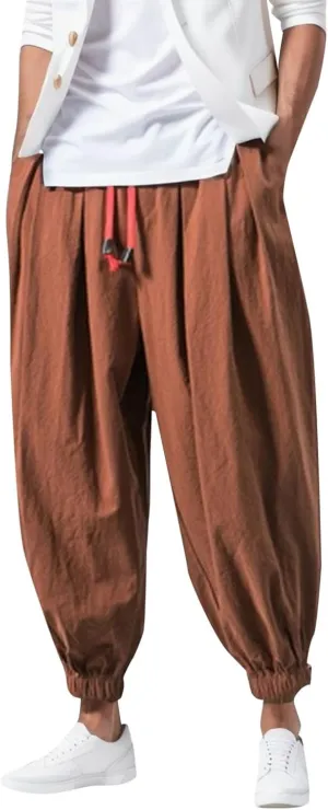 Casual Harem Pants Men Linen Baggy Hip Hop Tapered Pants Drawstring Elastic Waist Drop Crotch Plus Size Hippie Trouser