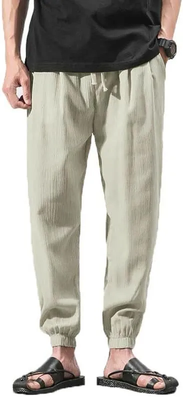 Casual Pants for Men Linen Japanese Pants Cotton Elastic Waist Comfy Beach