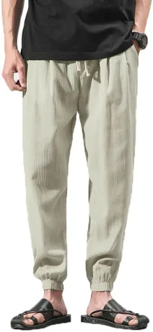 Casual Pants for Men Linen Japanese Pants Cotton Elastic Waist Comfy Beach
