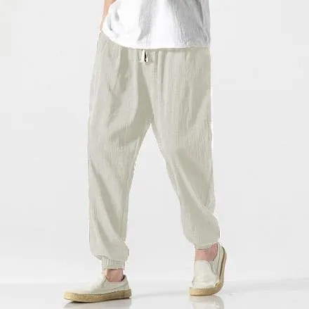 Casual Pants for Men Linen Japanese Pants Cotton Elastic Waist Comfy Beach