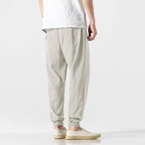 Casual Pants for Men Linen Japanese Pants Cotton Elastic Waist Comfy Beach