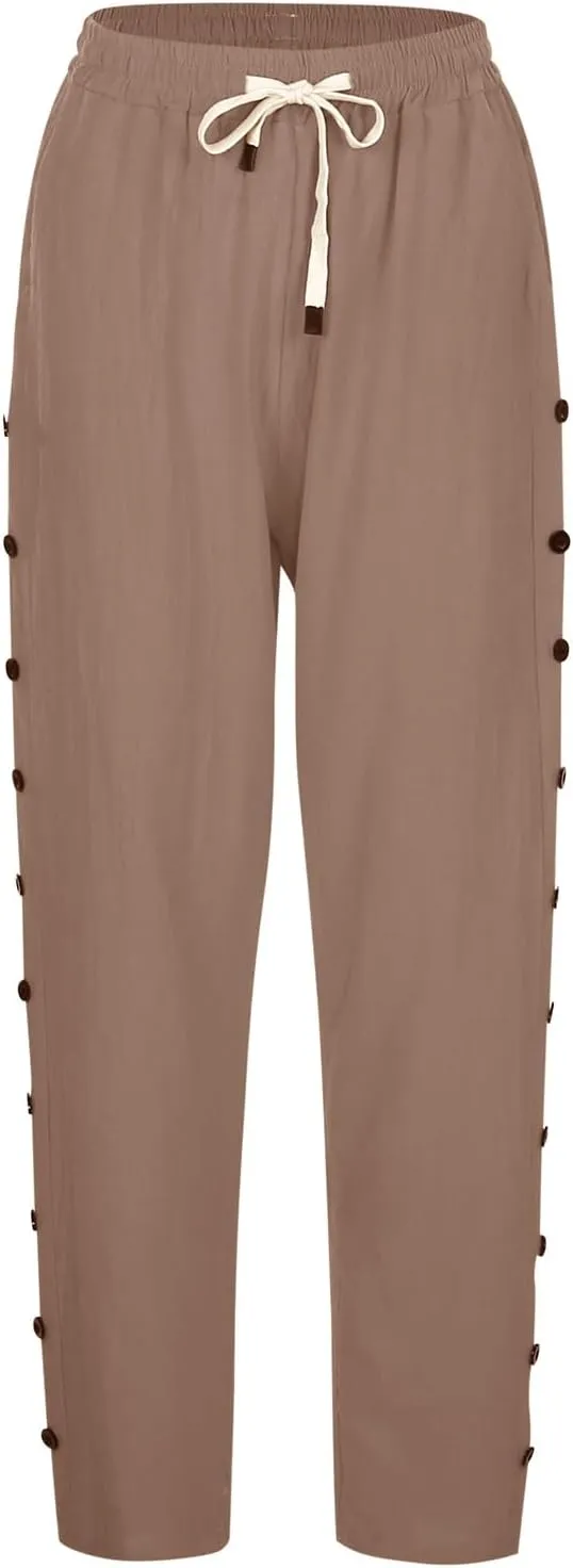 Casual Pants for Women Elastic Waist Summer Trendy Linen Capri Pants Straight Leg Baggy Beach Cotton Cropped Trousers
