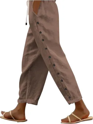 Casual Pants for Women Elastic Waist Summer Trendy Linen Capri Pants Straight Leg Baggy Beach Cotton Cropped Trousers