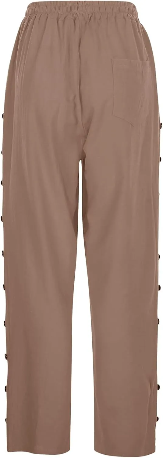 Casual Pants for Women Elastic Waist Summer Trendy Linen Capri Pants Straight Leg Baggy Beach Cotton Cropped Trousers