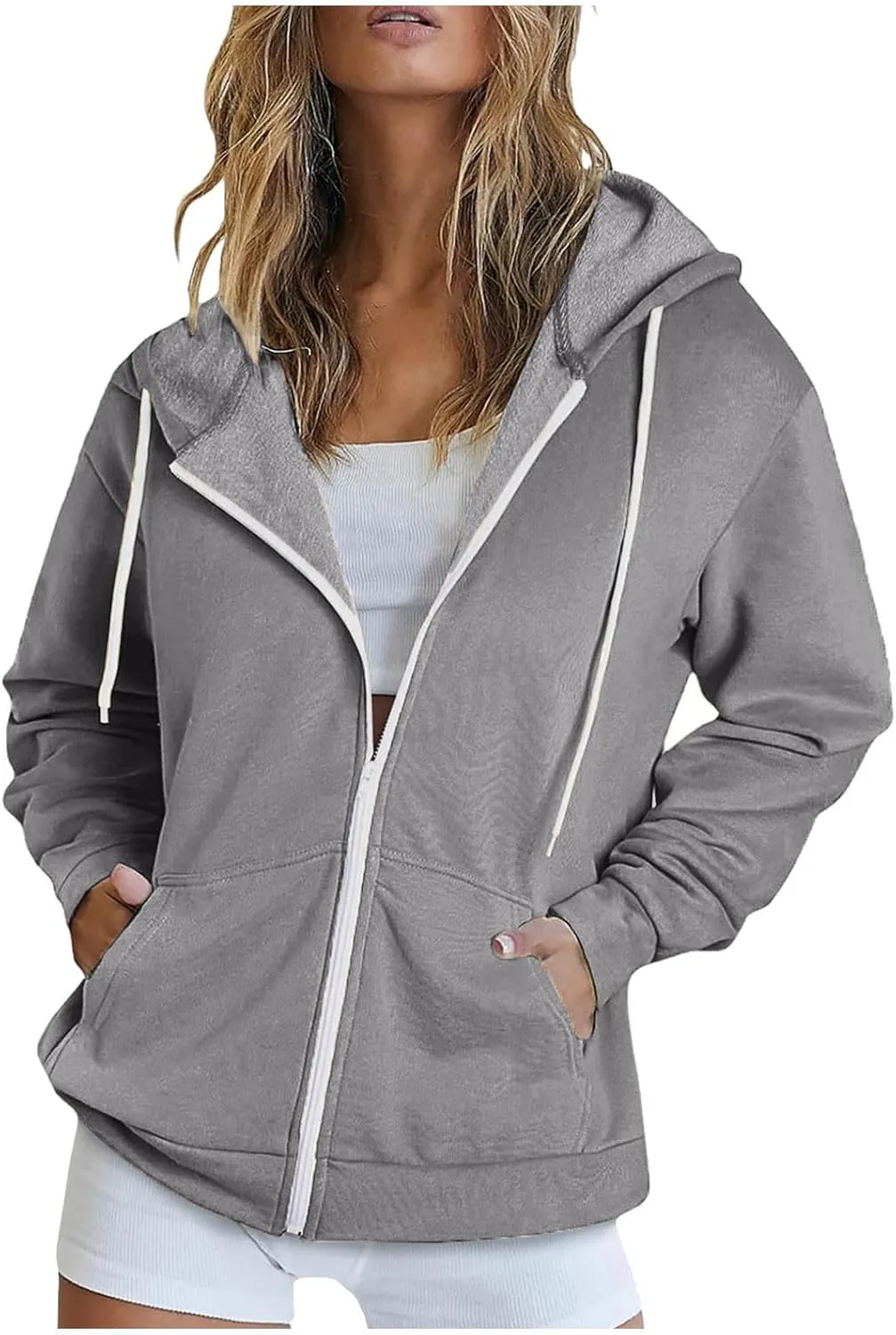 Cbcbtwo Zip Up Hoodies for Women Y2K Oversized Solid Sweatshirts Teen Girl Fall Casual Drawstring Jackets Loose Fleece Tops