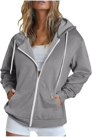 Cbcbtwo Zip Up Hoodies for Women Y2K Oversized Solid Sweatshirts Teen Girl Fall Casual Drawstring Jackets Loose Fleece Tops