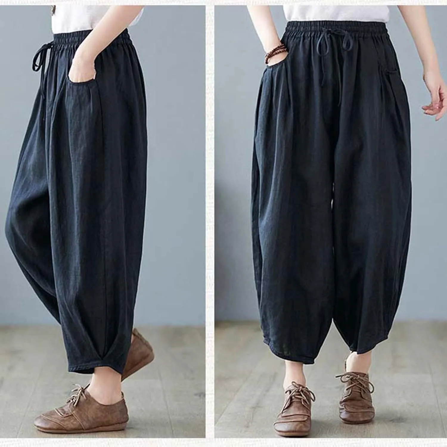 Ceboyel Womens Cotton Linen Harem Pants Drawstring Elastic Waist Summer Trouser Casual Baggy Pants Boho Beach Clothes 2023