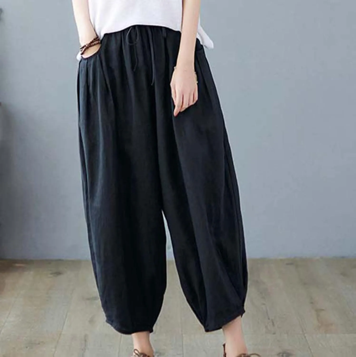 Ceboyel Womens Cotton Linen Harem Pants Drawstring Elastic Waist Summer Trouser Casual Baggy Pants Boho Beach Clothes 2023