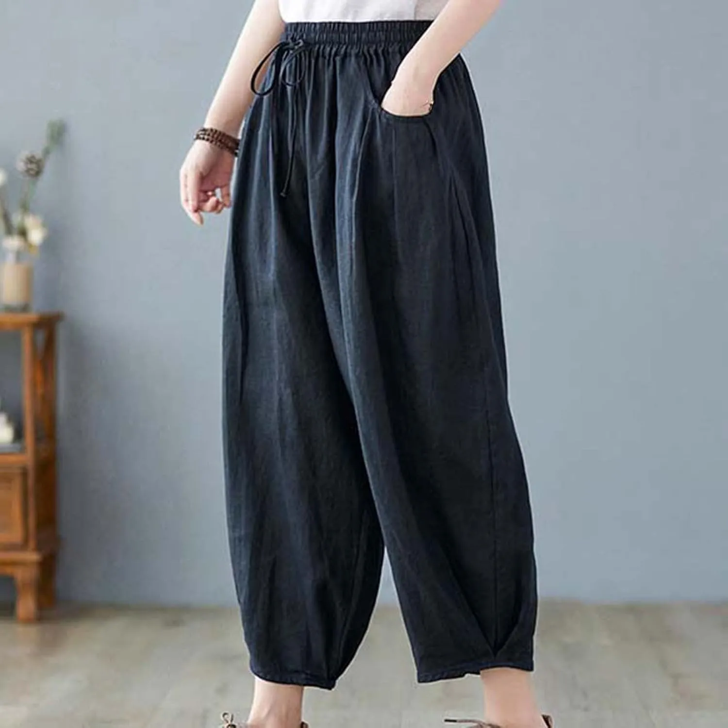 Ceboyel Womens Cotton Linen Harem Pants Drawstring Elastic Waist Summer Trouser Casual Baggy Pants Boho Beach Clothes 2023