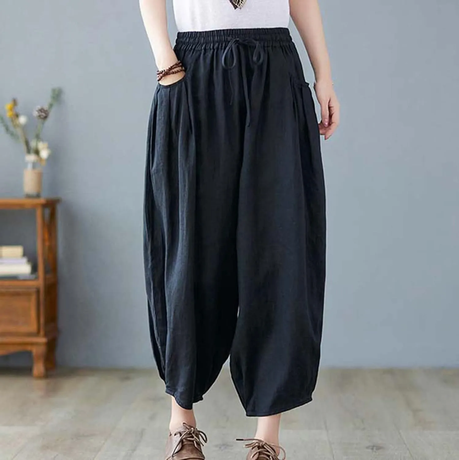 Ceboyel Womens Cotton Linen Harem Pants Drawstring Elastic Waist Summer Trouser Casual Baggy Pants Boho Beach Clothes 2023