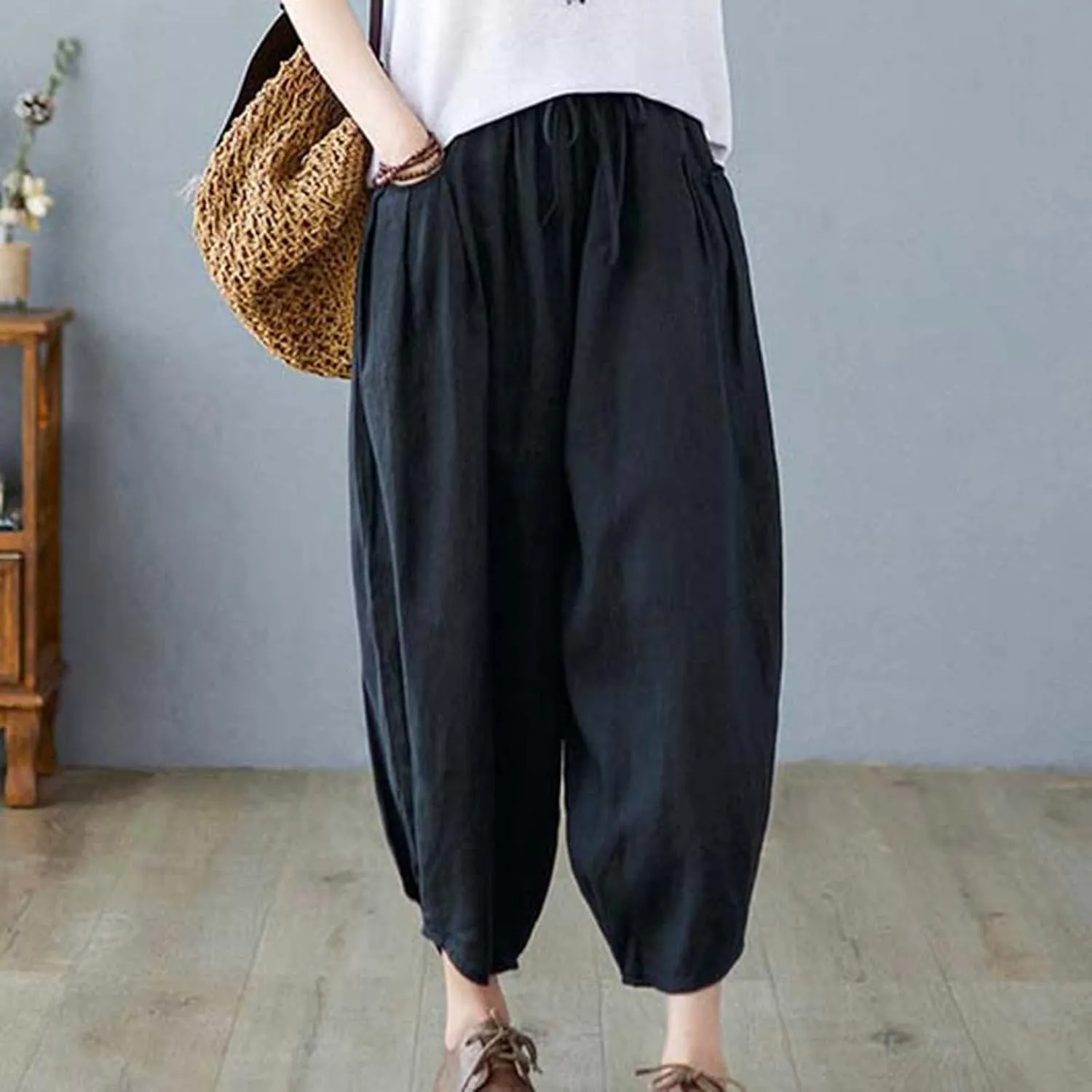 Ceboyel Womens Cotton Linen Harem Pants Drawstring Elastic Waist Summer Trouser Casual Baggy Pants Boho Beach Clothes 2023
