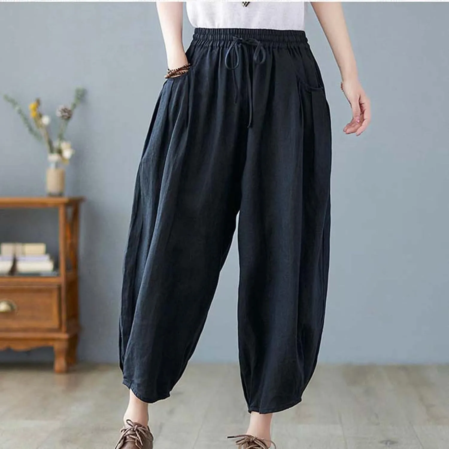 Ceboyel Womens Cotton Linen Harem Pants Drawstring Elastic Waist Summer Trouser Casual Baggy Pants Boho Beach Clothes 2023