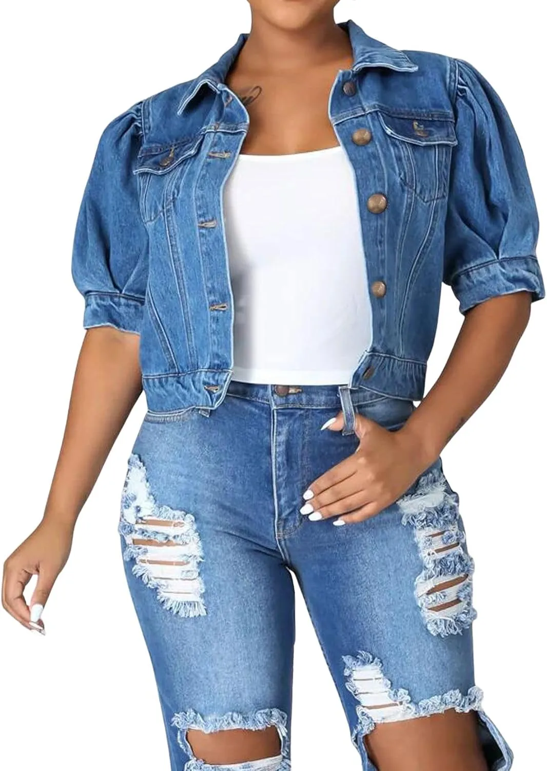 CHARTOU Casual Short Sleeve Cropped Jean Jacket Women Puff Sleeve Denim Jacket Button Down Crop Denim Jacket