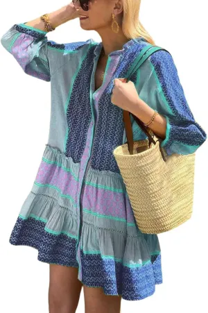 CHARTOU Summer Casual Short Dress for Women 3/4 Sleeve Green Floral Boho Tunic Shirt Dress