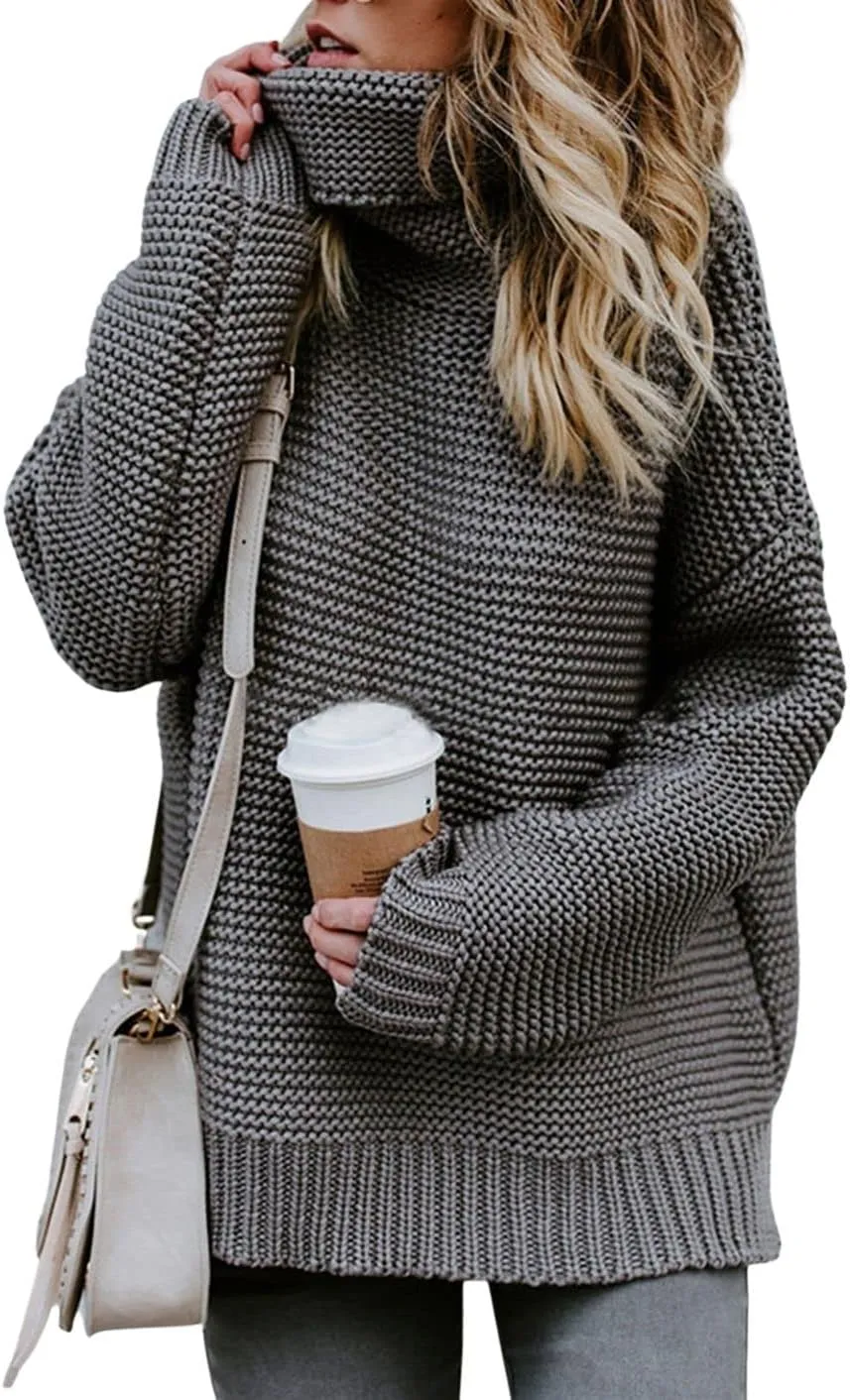 CHARTOU Women Chunky Knitted Turtleneck Sweater Oversized Cable Knit Sweater Pullover Warm Jumper Top