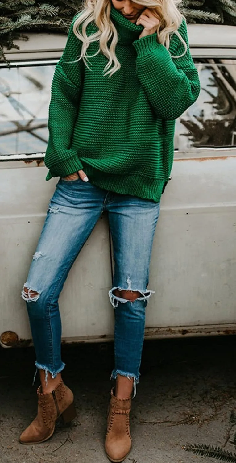 CHARTOU Women Chunky Knitted Turtleneck Sweater Oversized Cable Knit Sweater Pullover Warm Jumper Top