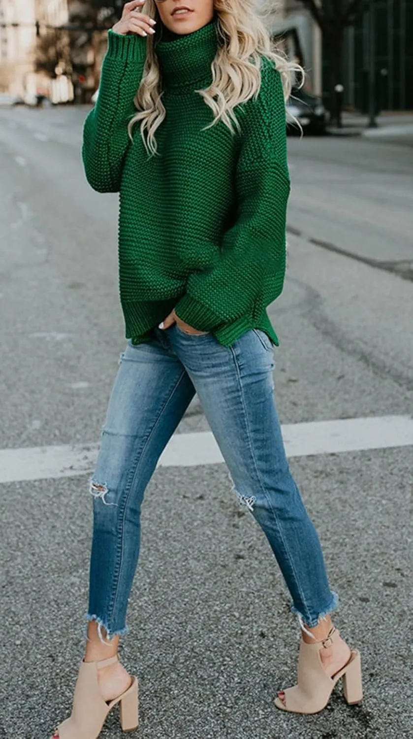 CHARTOU Women Chunky Knitted Turtleneck Sweater Oversized Cable Knit Sweater Pullover Warm Jumper Top