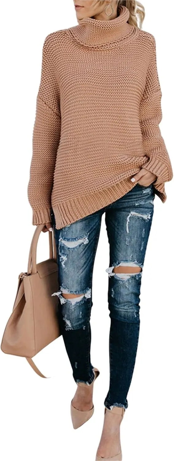 CHARTOU Women Chunky Knitted Turtleneck Sweater Oversized Cable Knit Sweater Pullover Warm Jumper Top