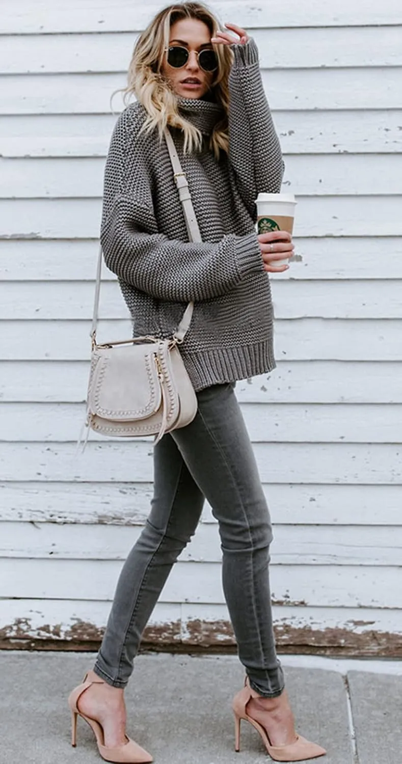 CHARTOU Women Chunky Knitted Turtleneck Sweater Oversized Cable Knit Sweater Pullover Warm Jumper Top