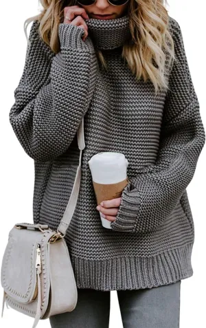 CHARTOU Women Chunky Knitted Turtleneck Sweater Oversized Cable Knit Sweater Pullover Warm Jumper Top