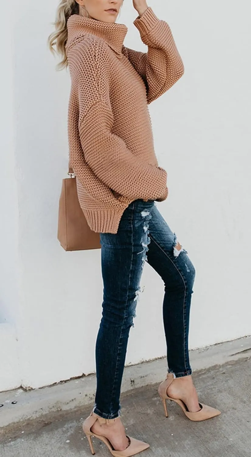CHARTOU Women Chunky Knitted Turtleneck Sweater Oversized Cable Knit Sweater Pullover Warm Jumper Top