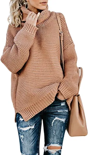 CHARTOU Women Chunky Knitted Turtleneck Sweater Oversized Cable Knit Sweater Pullover Warm Jumper Top