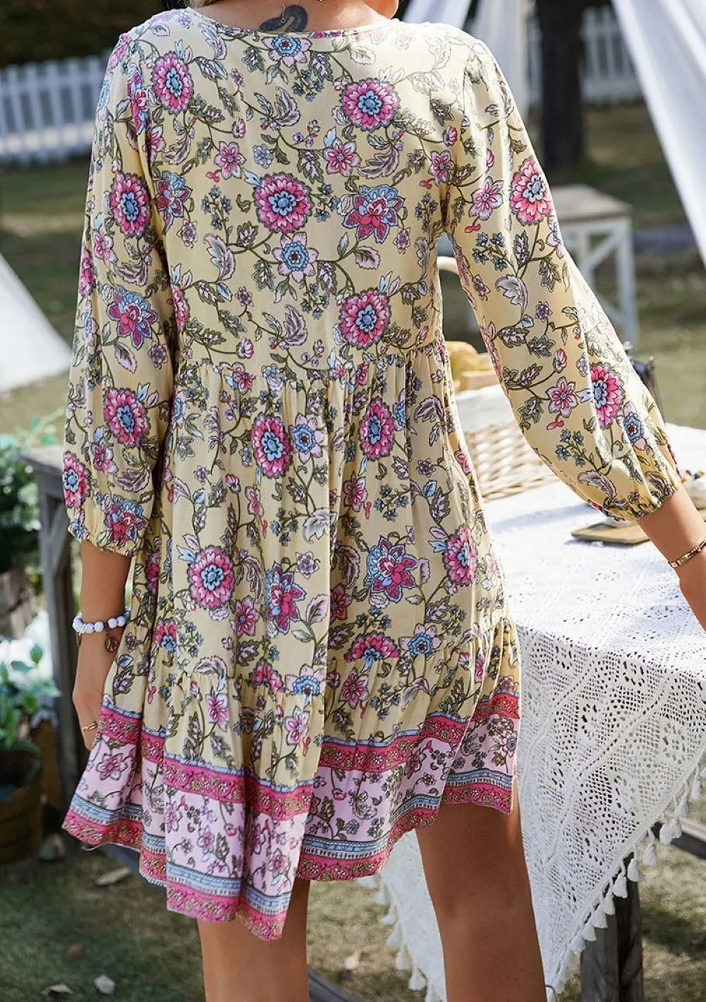 CHARTOU Women Floral Boho Dress 3/4 Balloon Sleeve Ruffle Babydoll Mini Dress