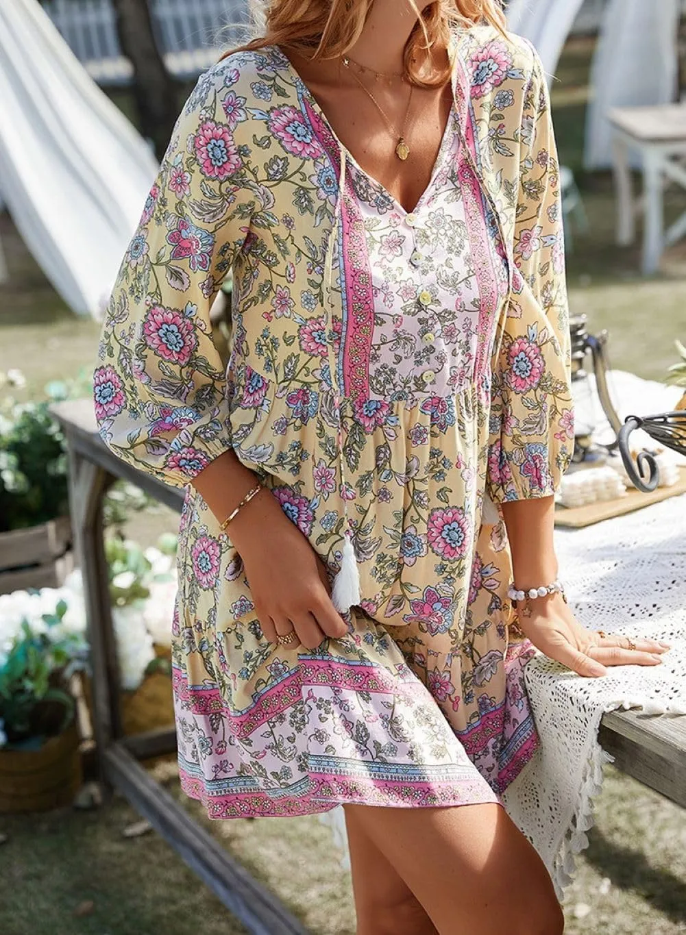 CHARTOU Women Floral Boho Dress 3/4 Balloon Sleeve Ruffle Babydoll Mini Dress