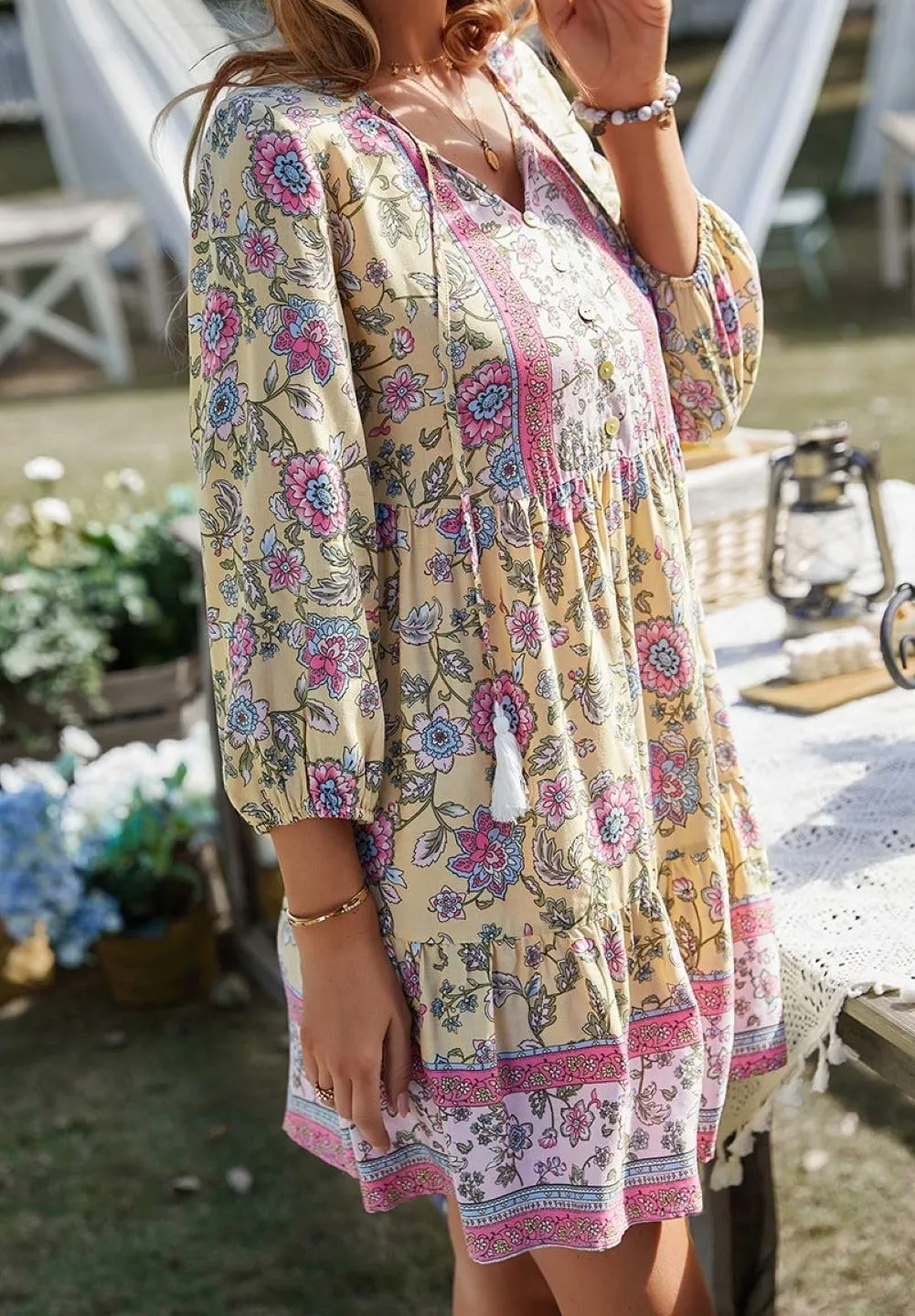 CHARTOU Women Floral Boho Dress 3/4 Balloon Sleeve Ruffle Babydoll Mini Dress