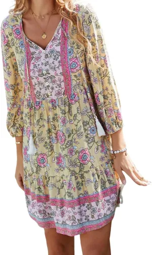 CHARTOU Women Floral Boho Dress 3/4 Balloon Sleeve Ruffle Babydoll Mini Dress