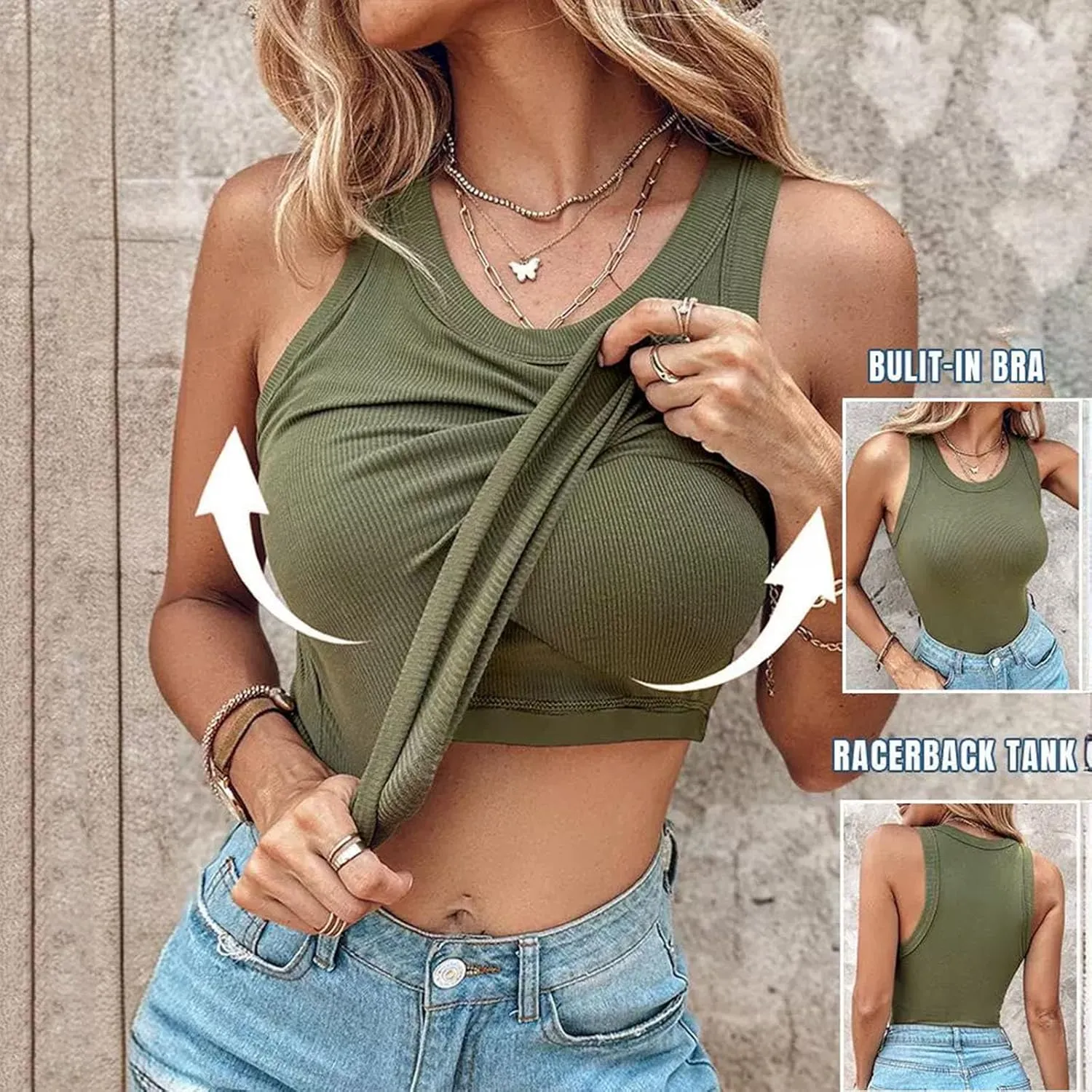Chic-Me Tank Top with Bra,Tank Top with Built in Bra, Round Neck Ribbed Tank Top with Bra Pads