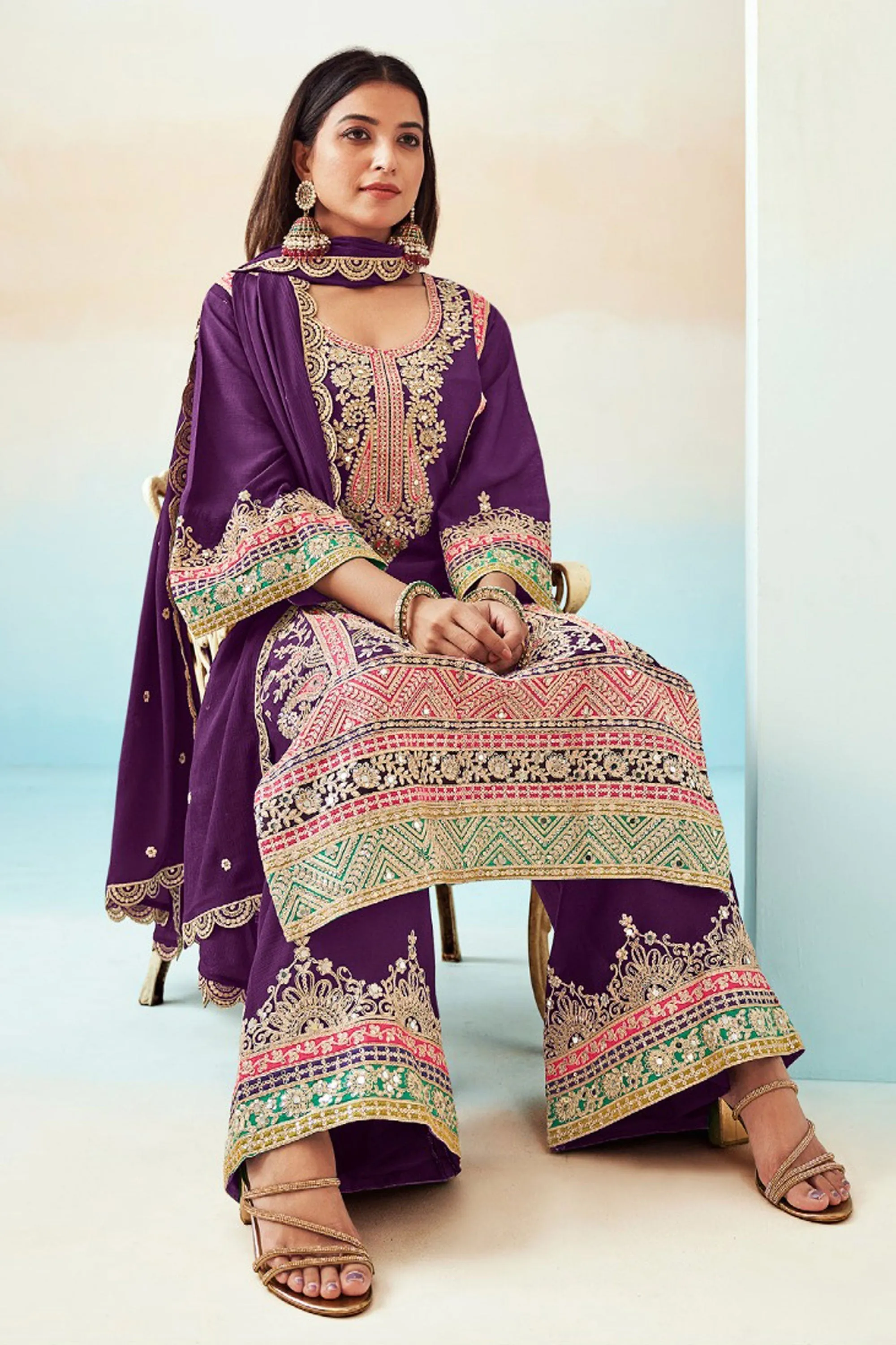 Chinon Fabric Wine Color Function Wear Elegant Palazzo Suit