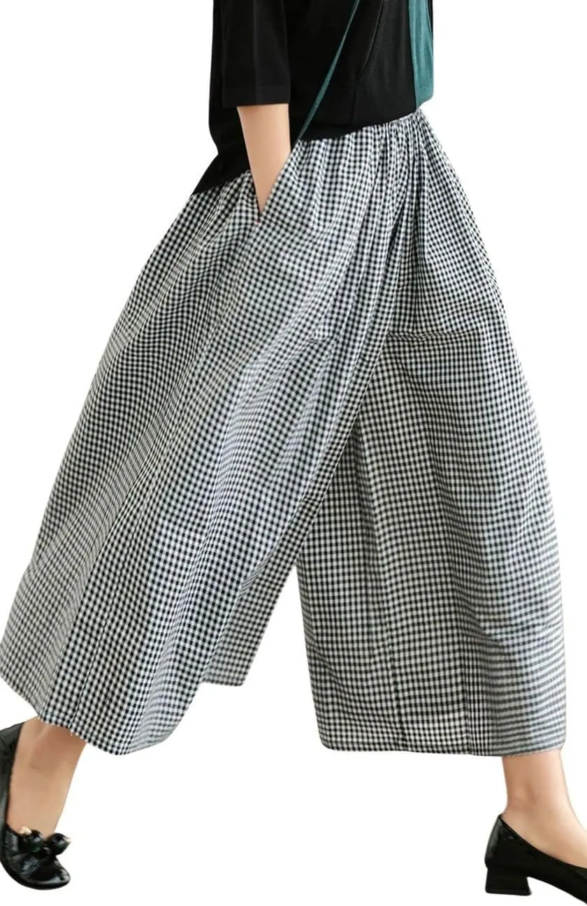 chouyatou Women's Cotton Linen Pants Elastic Waist Plaid Gingham Wide Leg Capri Palazzo Pants
