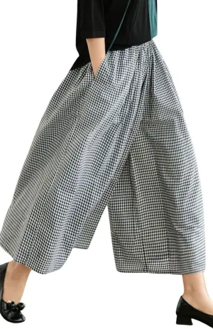 chouyatou Women's Cotton Linen Pants Elastic Waist Plaid Gingham Wide Leg Capri Palazzo Pants
