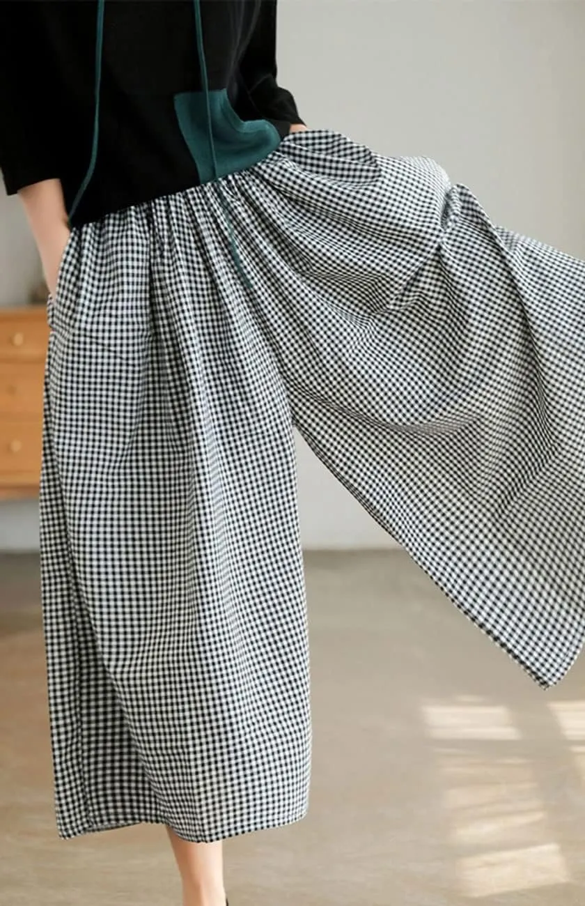 chouyatou Women's Cotton Linen Pants Elastic Waist Plaid Gingham Wide Leg Capri Palazzo Pants