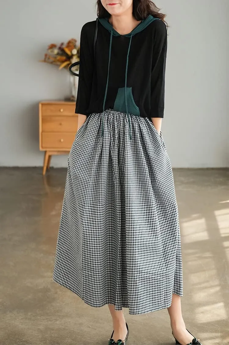 chouyatou Women's Cotton Linen Pants Elastic Waist Plaid Gingham Wide Leg Capri Palazzo Pants