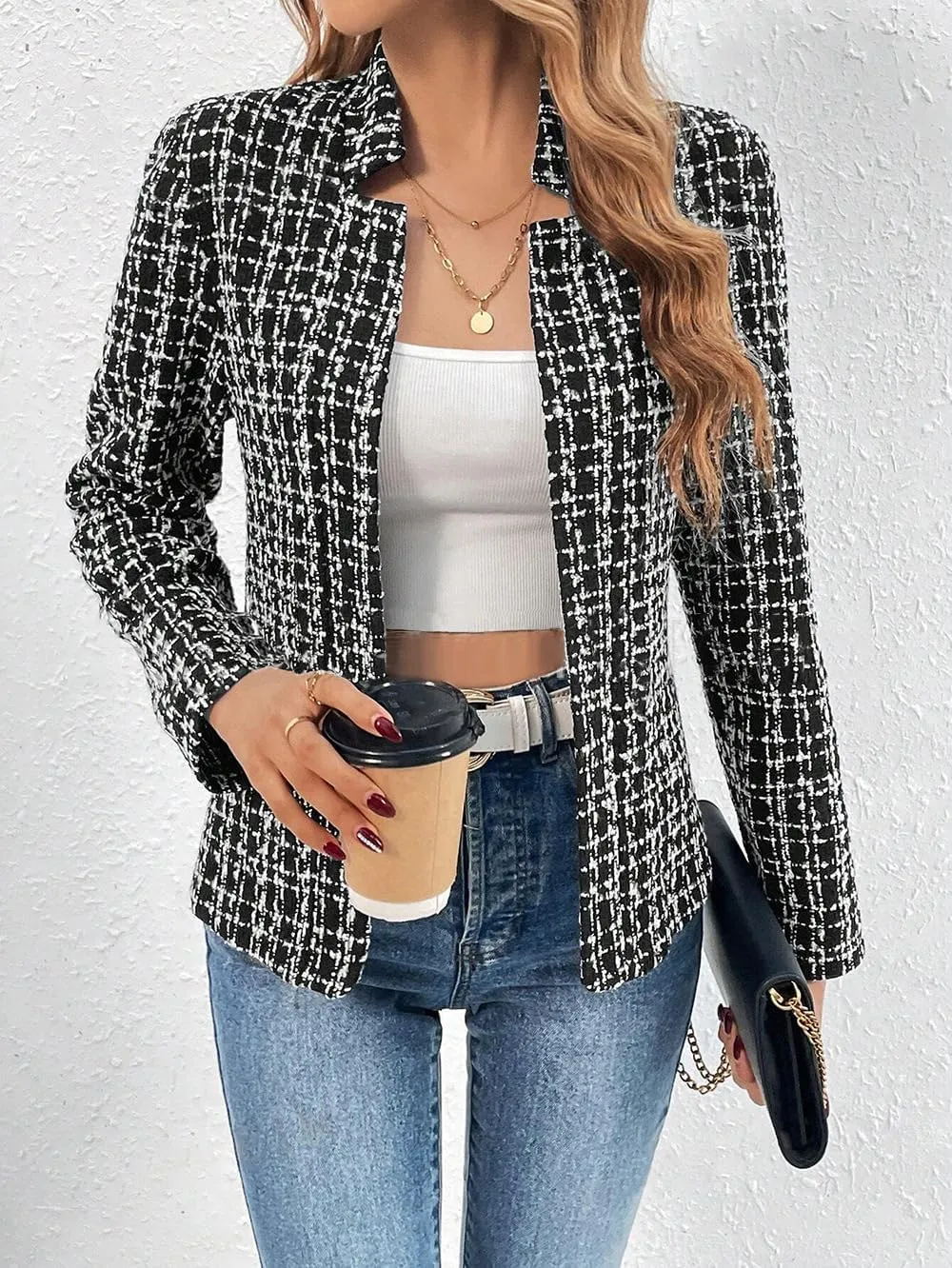 chouyatou Women's Fall Business Plaid Tweed Blazer Jacket Collarless Open Front Dressy Tweed Blazer Suit