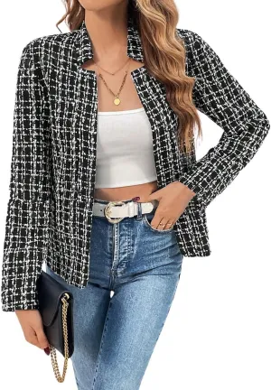 chouyatou Women's Fall Business Plaid Tweed Blazer Jacket Collarless Open Front Dressy Tweed Blazer Suit