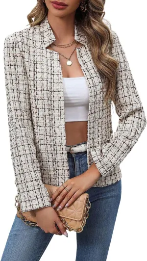 chouyatou Women's Fall Business Plaid Tweed Blazer Jacket Collarless Open Front Dressy Tweed Blazer Suit