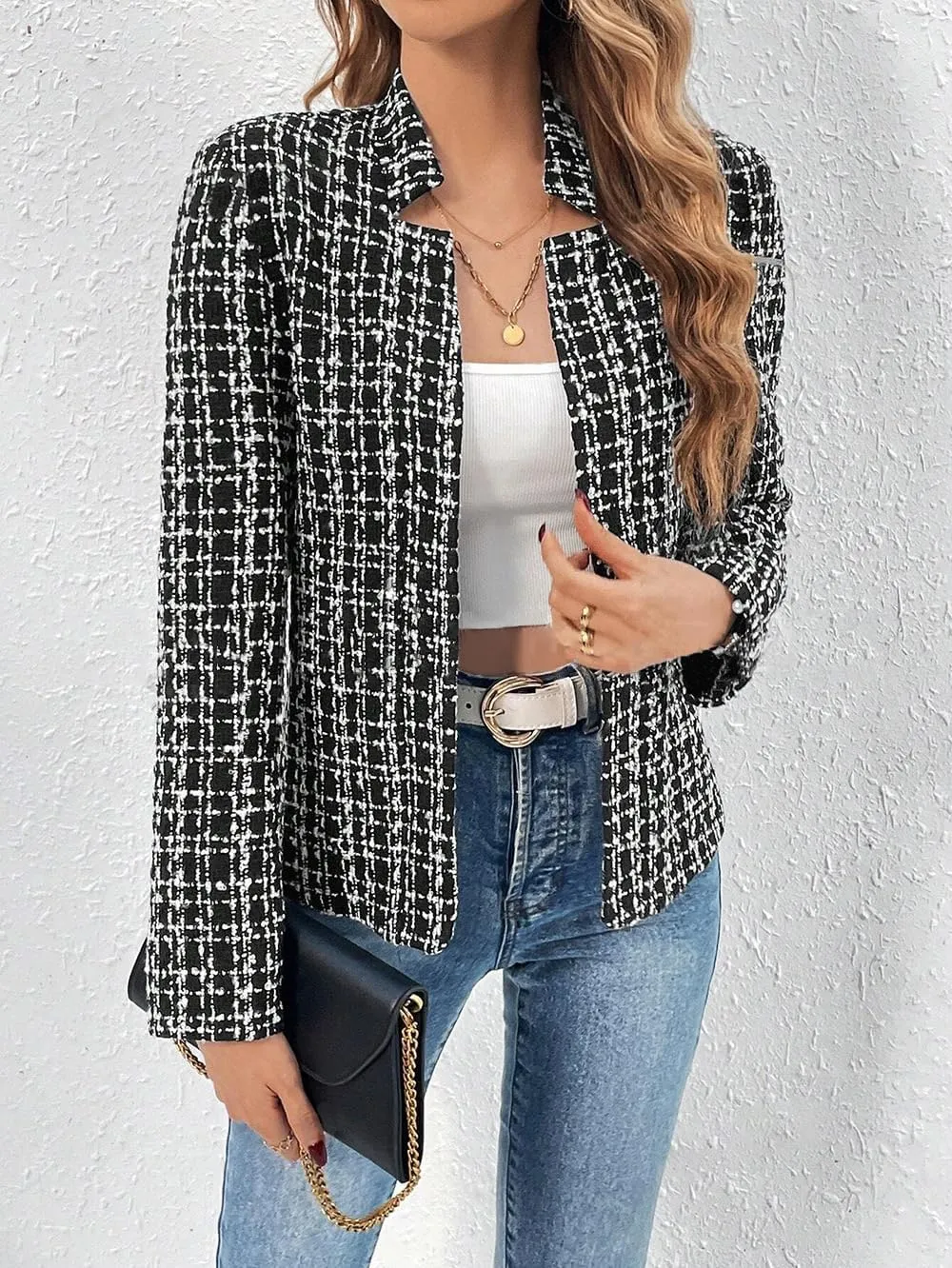 chouyatou Women's Fall Business Plaid Tweed Blazer Jacket Collarless Open Front Dressy Tweed Blazer Suit