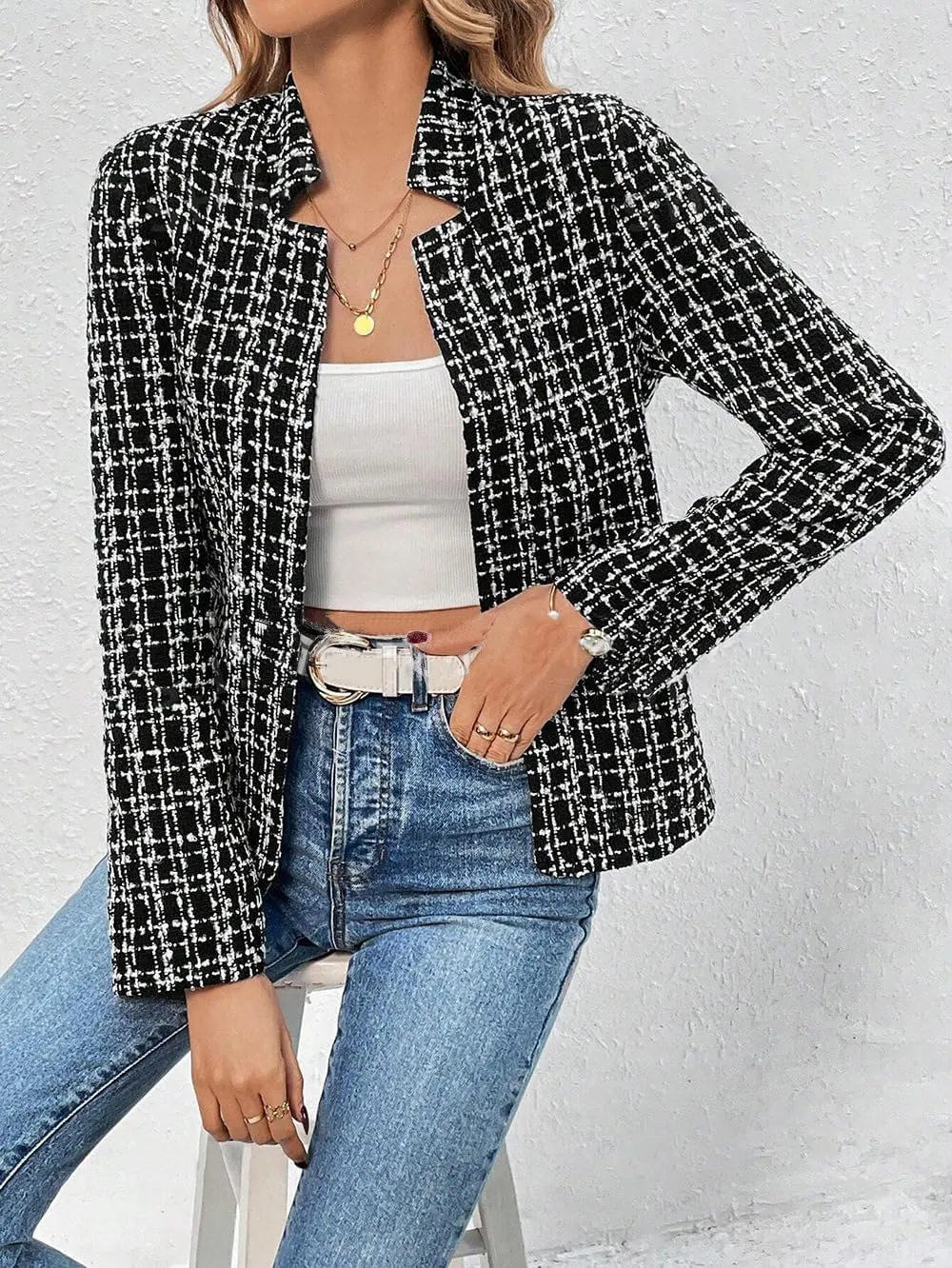 chouyatou Women's Fall Business Plaid Tweed Blazer Jacket Collarless Open Front Dressy Tweed Blazer Suit