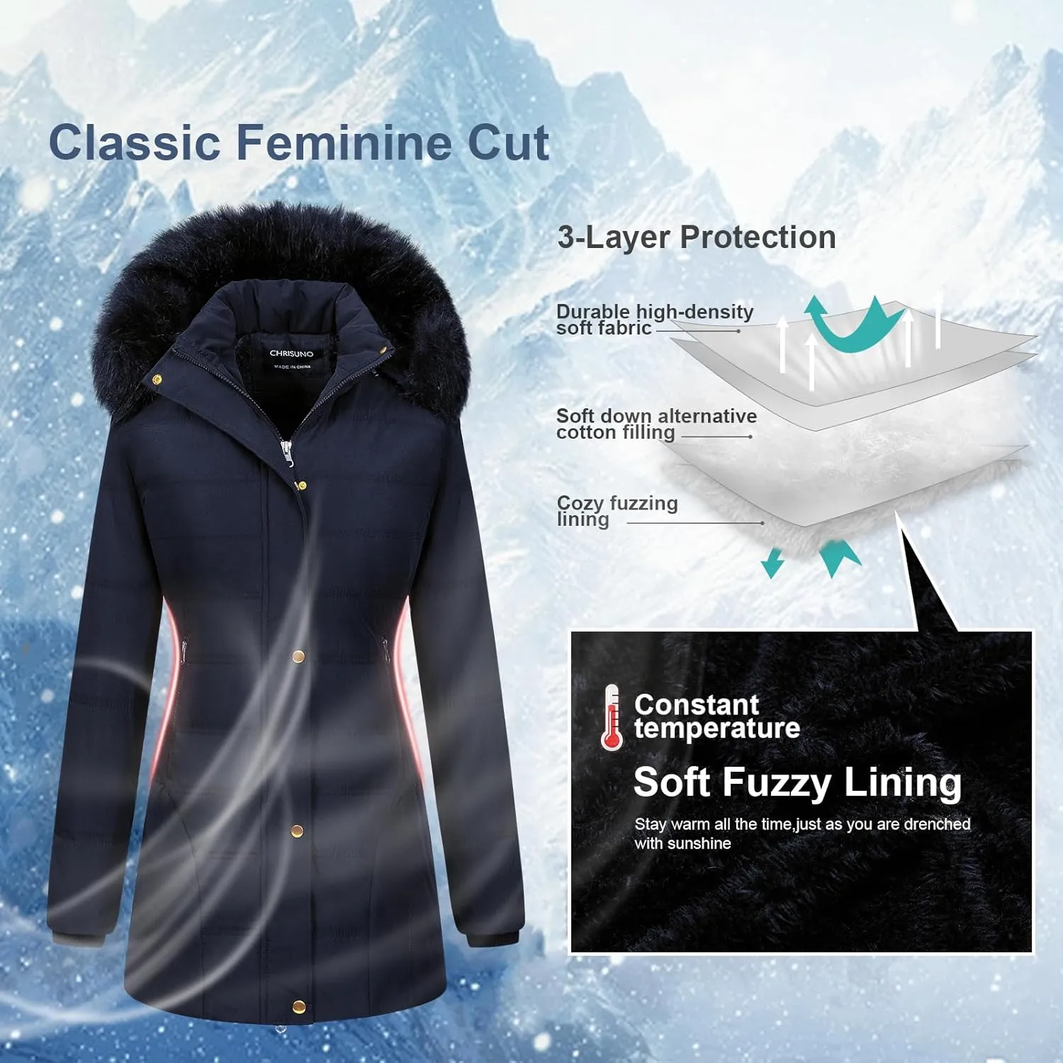 Chrisuno Women's Warm Winter Coat Velvet Puffer Jacket Quilted Faux Fur Hood