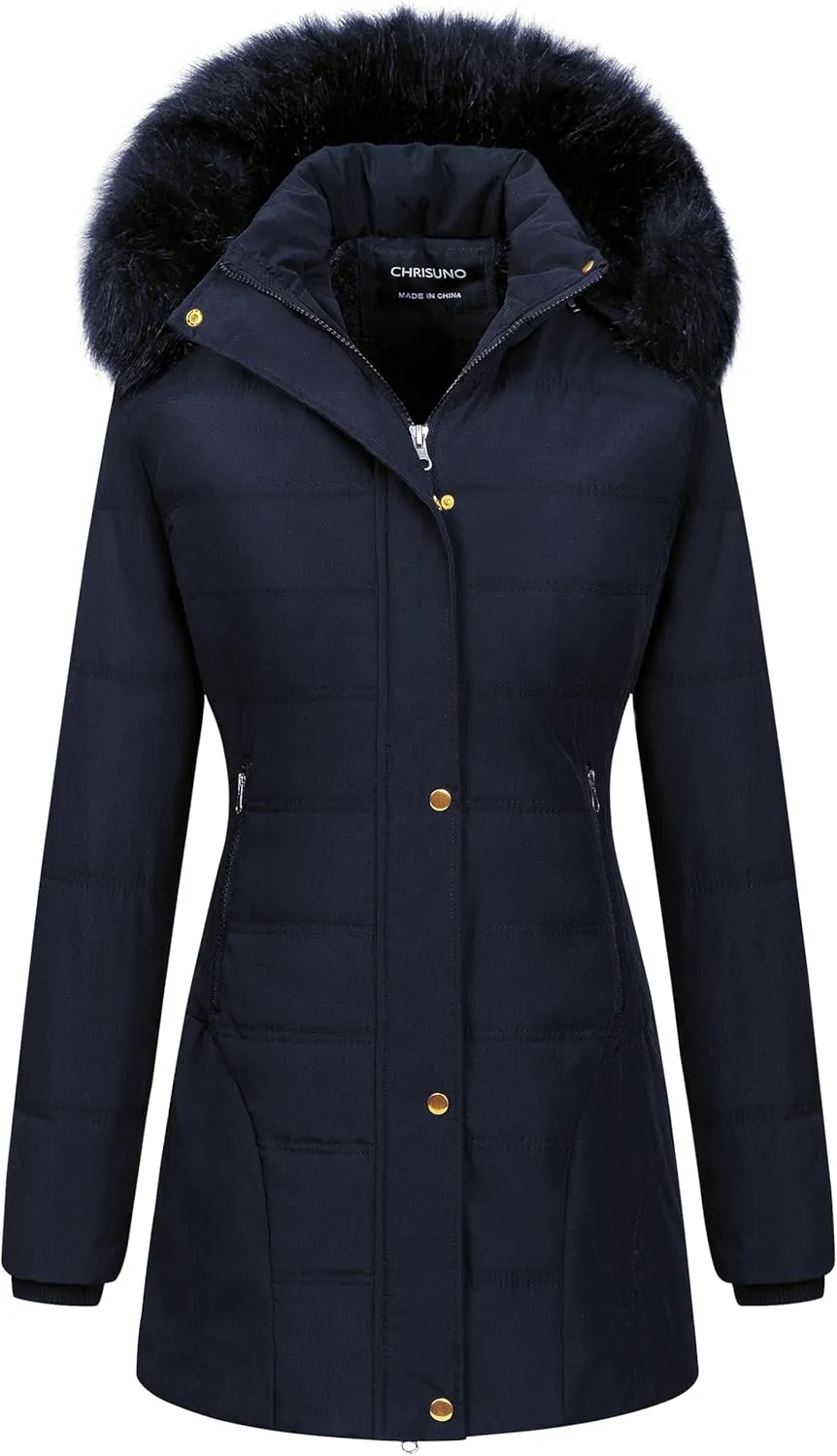 Chrisuno Women's Warm Winter Coat Velvet Puffer Jacket Quilted Faux Fur Hood
