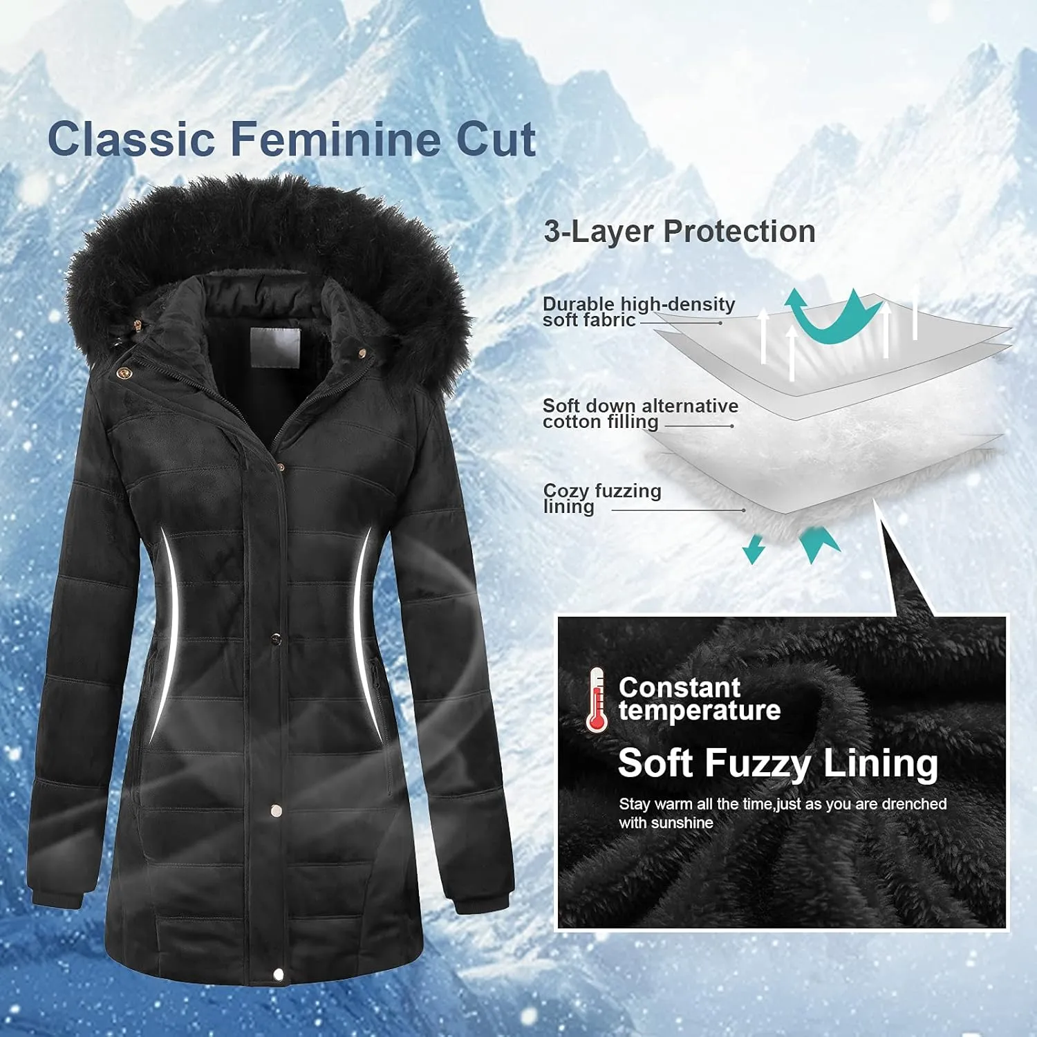 Chrisuno Women's Warm Winter Coat Velvet Puffer Jacket Quilted Faux Fur Hood