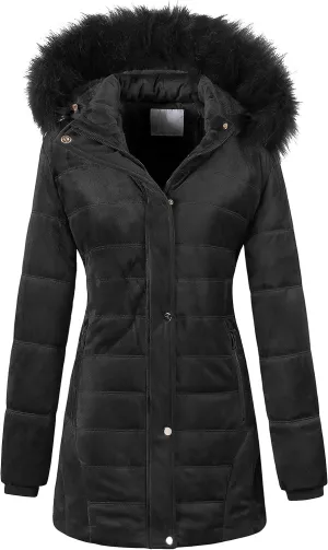 Chrisuno Women's Warm Winter Coat Velvet Puffer Jacket Quilted Faux Fur Hood