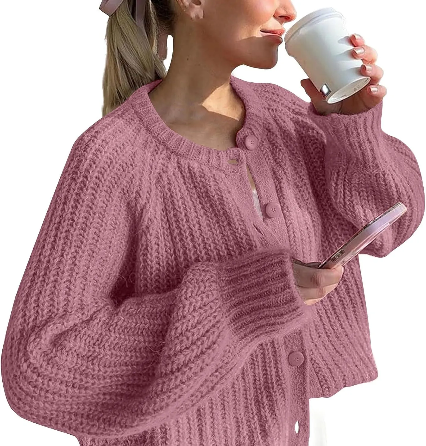 Chunky Sweaters for Women Long Lantern Sleeve Cable Knit Cardigans Sweater Button Down Slouchy Sweaters Outerwear